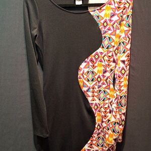 Dots Black Long Sleeve Dress with Multicolor Geometric Panel